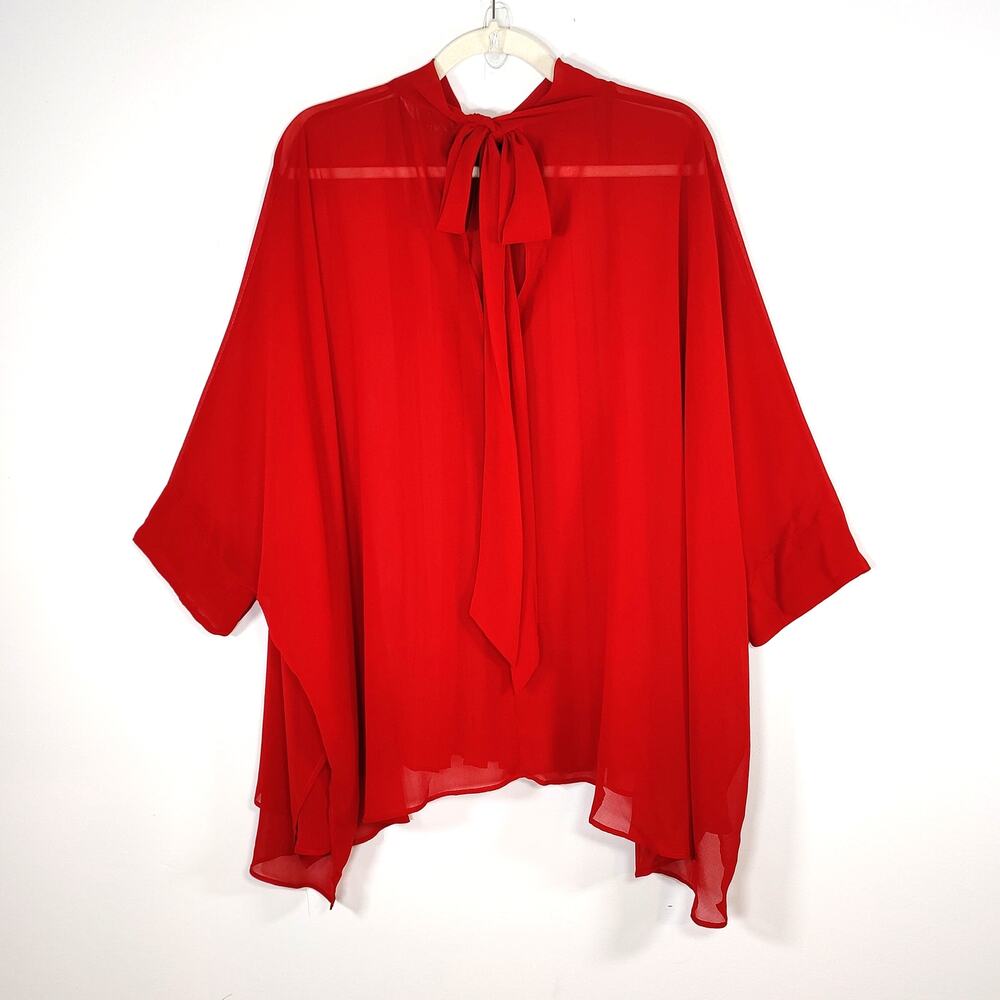 Zara Studio Sheer Tie Back Mock Neck Blouse Blood Red Asymmetrical Hem M - Picture 5 of 7